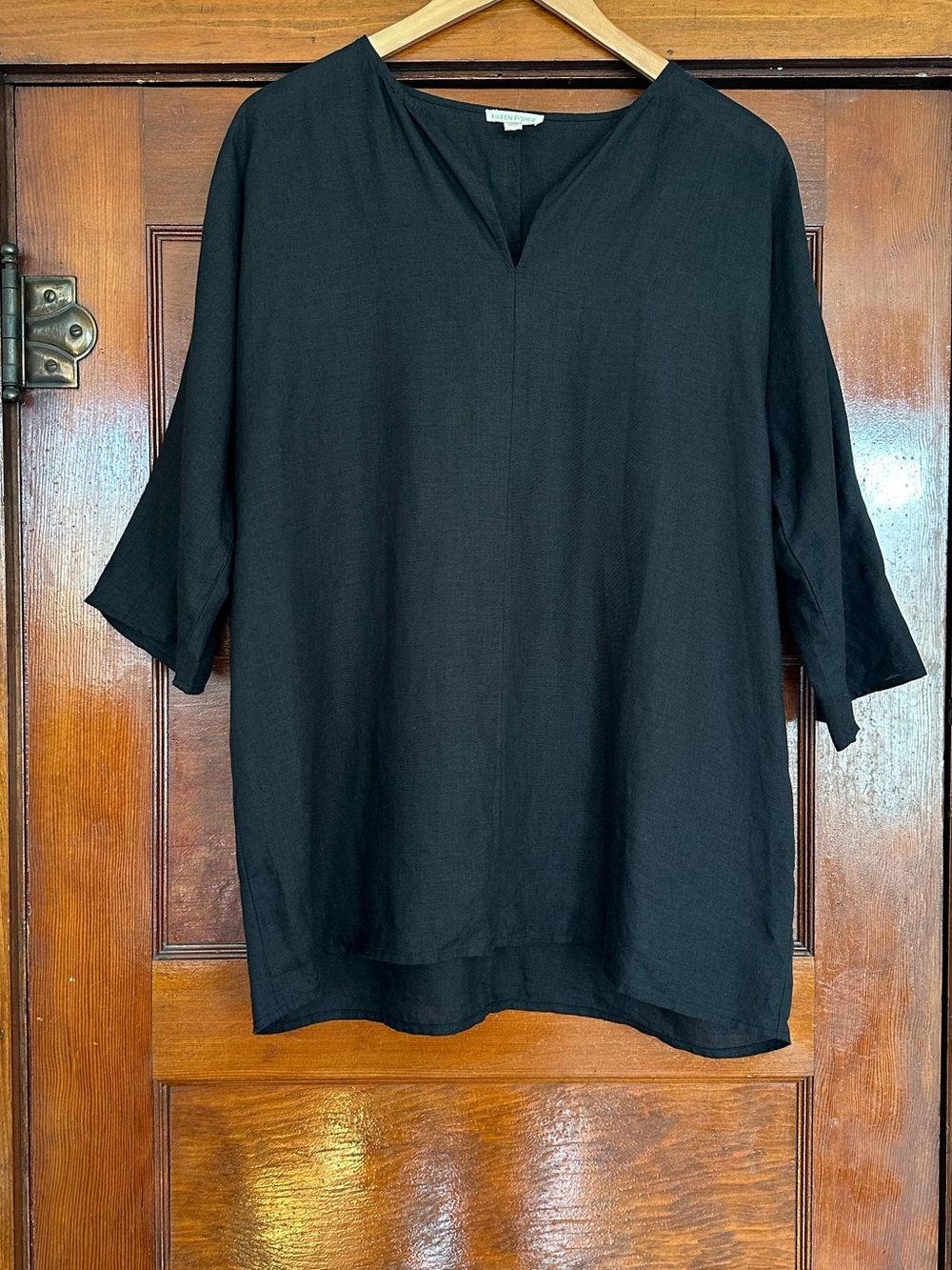 Eileen Fisher Black Organic Handkerchief Linen Split Neck Tunic Top Size XS